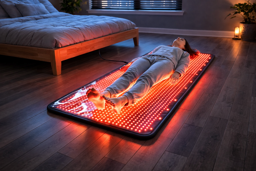 Evening session on the Quanti Luma mat in a dim bedroom