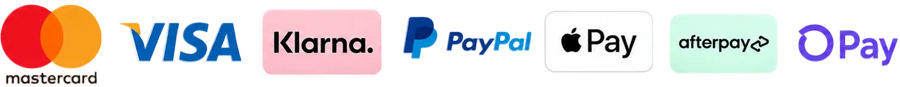 Logos of various payment methods including Mastercard, Visa, Klarna, PayPal, Apple Pay, Afterpay, and OPay on a white background.