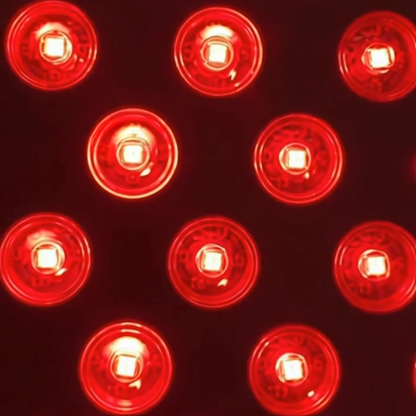 Pattern of red circular lights on a dark background