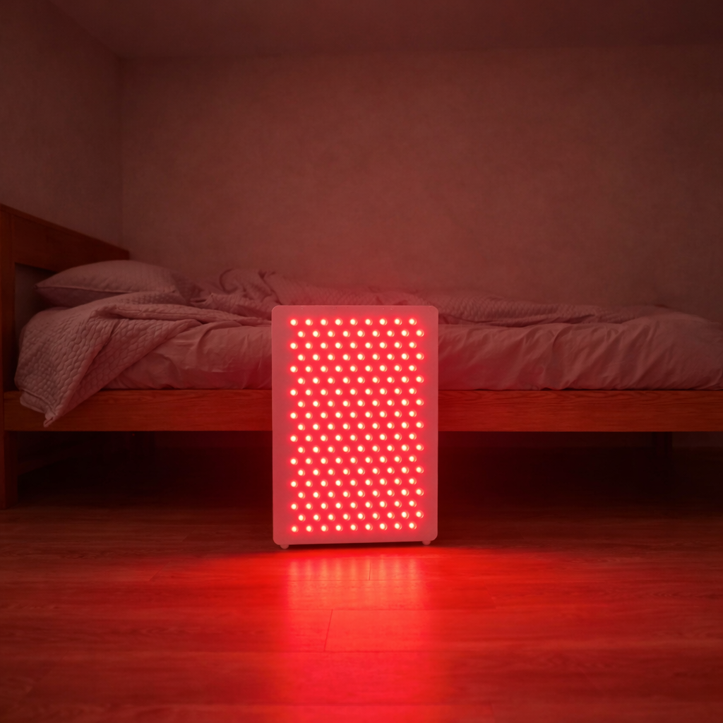 Rectangular LED light on a wooden floor in a dimly lit room with a bed in the background.