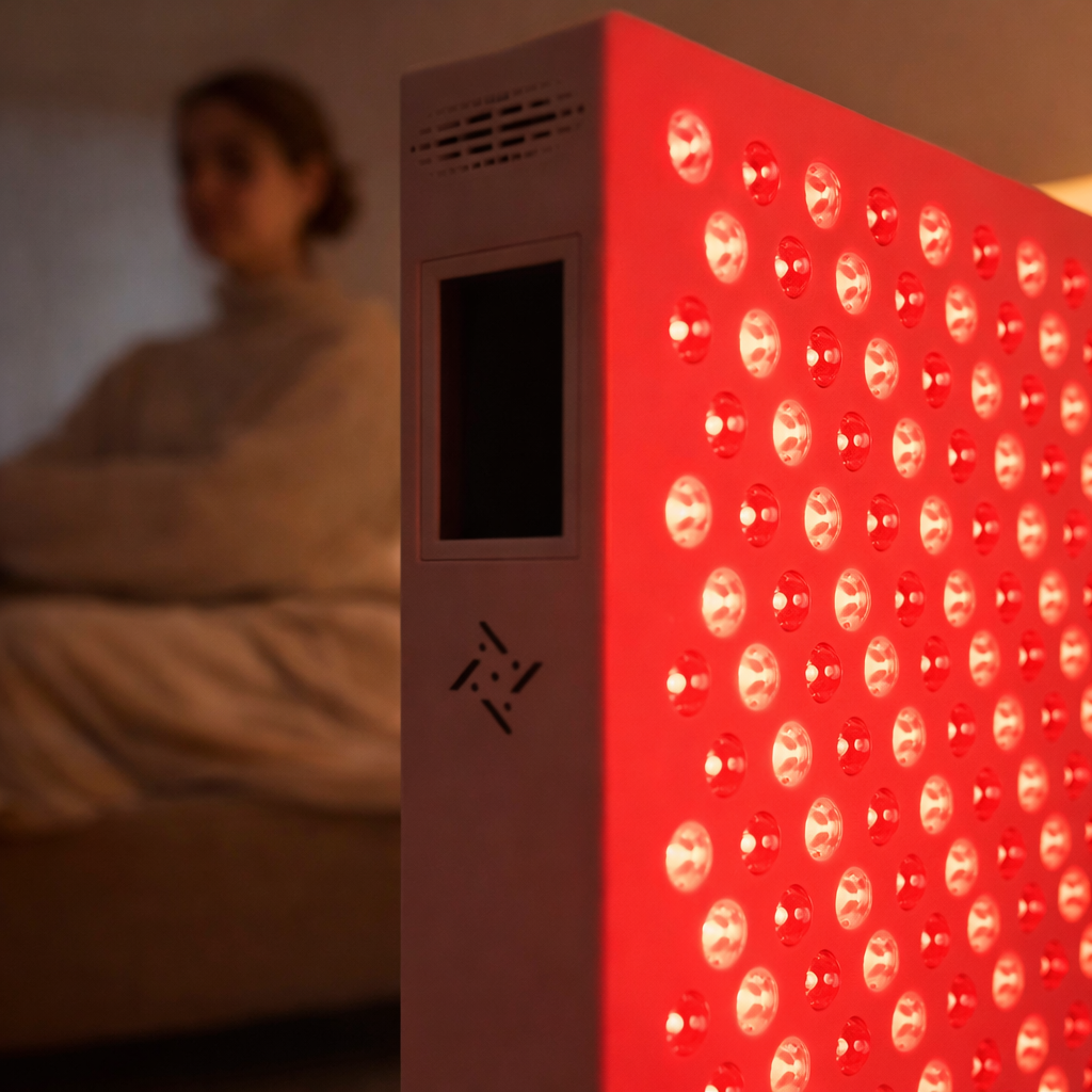 Red light therapy device with a blurred person in the background